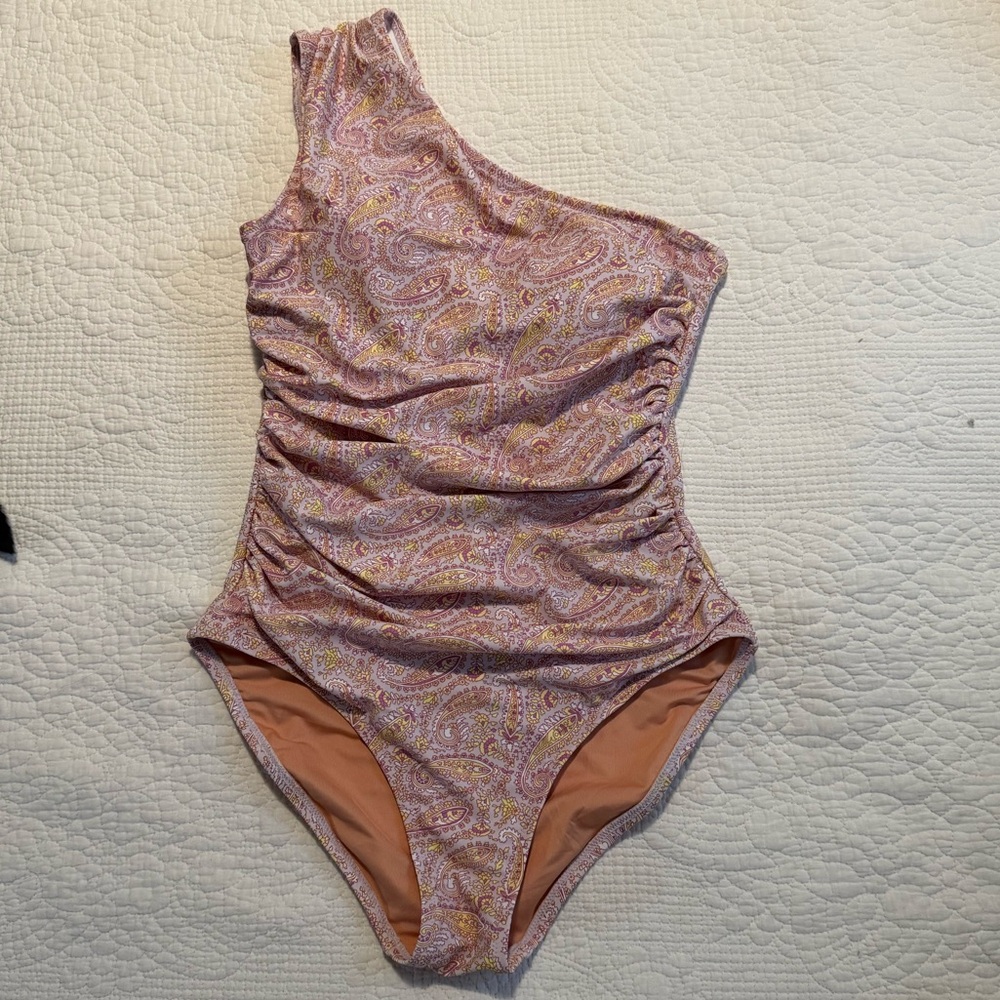 J Crew Eco ruched one-shoulder one-piece in beach paisley - Picture 1 of 4